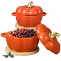Set of 2 Ceramic Pumpkin Bowls with Lids and Insulation Pads - Orange, 15 oz Fall Decor