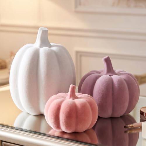 Pink and White Velvet Pumpkin Decor Set - 3 Pcs, Fall Home Accent with Resin Variations