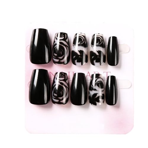 Press On Nails Short Coffin Fake Nails with Flower Design - Variation 19, 24 Pcs