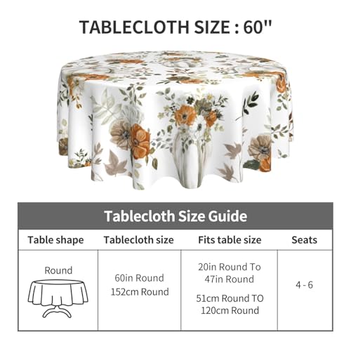 Round Fall Tablecloth 60-Inch Grey Pumpkins & Leaves - Watercolor Autumn Cover