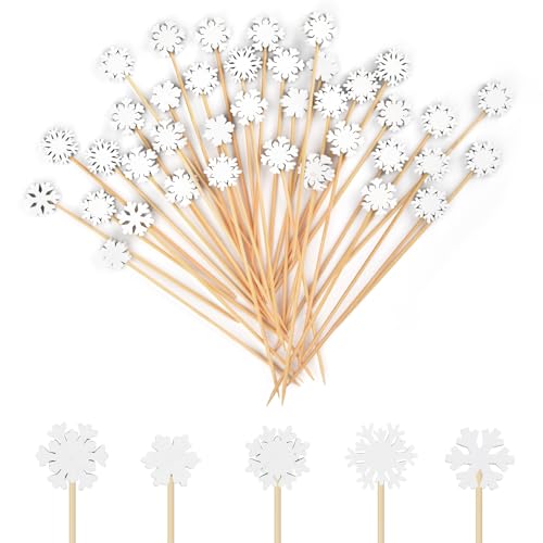 Christmas Snowflake Cocktail Picks - White Bamboo Toothpicks for Food & Drinks