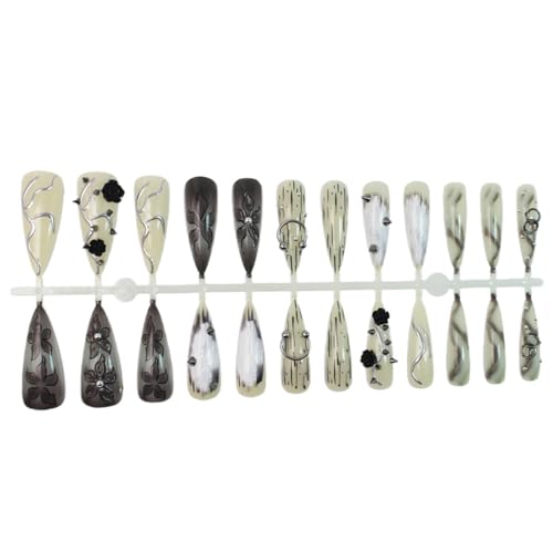 Gothic Handmade Press on Nails - Long Stiletto Black Fake Nails with 3D Rose Rivets - Variation Gothic Nails-7