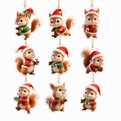 Squirrel Christmas Hanging Ornaments 9pcs Cartoon Acrylic Holiday Decorations - Variation Squirrel-A-1227