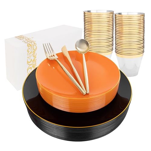 Black and Orange Disposable Plastic Plates Set - 210 Pieces, Halloween Party Dinnerware