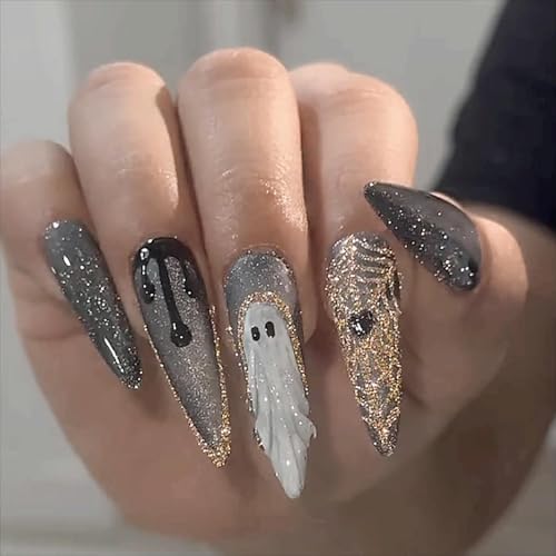 Halloween Press On Nails Long Black - 24 Pieces, Fall Style, Almond Shape