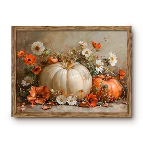 Golden Pumpkin Wall Art - Fall Canvas Framed Art 16x12 Inches - Rustic Pumpkin Decor