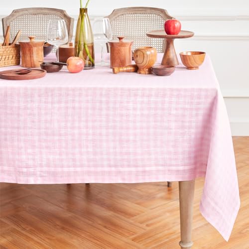 Pure Linen Tablecloth 60 x 120 Inches - Marshmellow Pink Check, Elegant Gingham for Dining