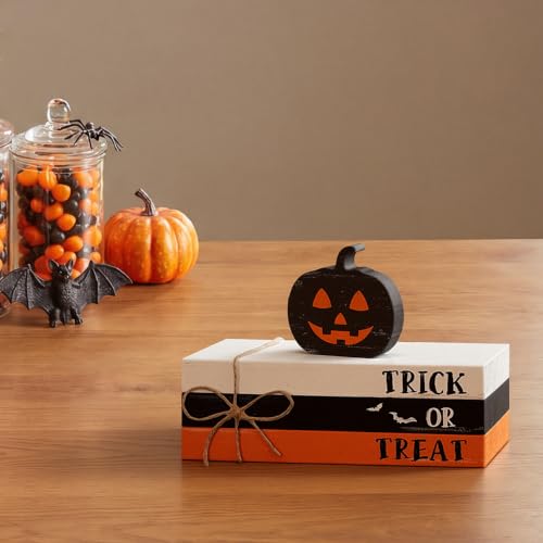 Halloween Wooden Pumpkin Stack with Faux Books - Ghost Pumpkin Variation
