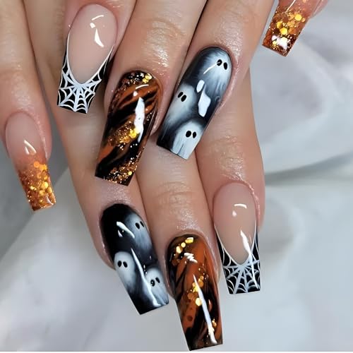 Halloween Press On Nails Long Square - Gold Ombre Fake Nails with Ghost Spider Web Design - Variation B3