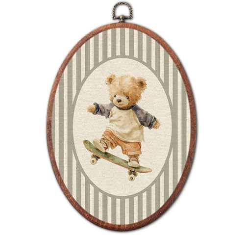 Vintage Bear Skateboarding Nursery Oval Wall Art Canvas Framed - Variation 42