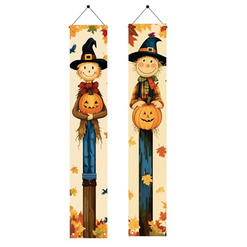 Halloween Porch Banners Set of 2 - Welcome Signs with Pumpkins & Bats, 71x12 Inch, Outdoor Yard Decorations, Spooky Wall Hangings, Variation of Signs with Pumpkins and Bats