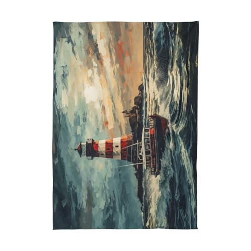 Nautical Lighthouse and Boat Tablecloth - Rectangular 90x60 Inches