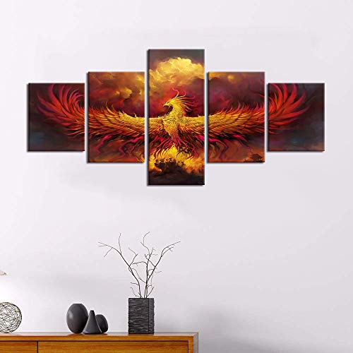 Fire Phoenix Wall Art Canvas - 50x24 Inch Stretched Ready to Hang - Heraldic Style Wall Decor - Variation of Artwork-01