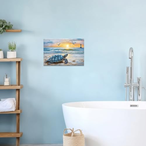 Sea Turtle Wall Art Canvas Painting - Beach Ocean Lighthouse Coastal Decor, Blue, 12x18 inches