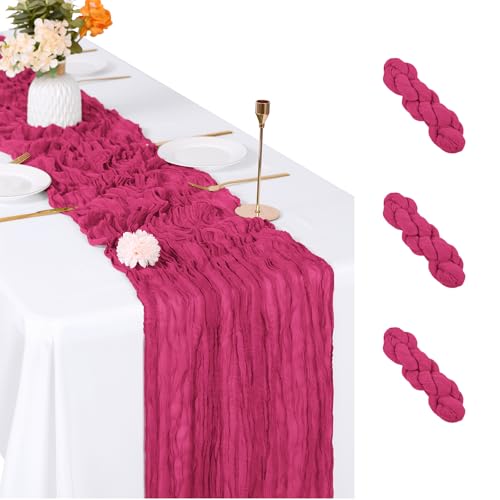 3 Pack Hot Pink Cheesecloth Table Runner 17x108 Inch for Wedding Party Holiday