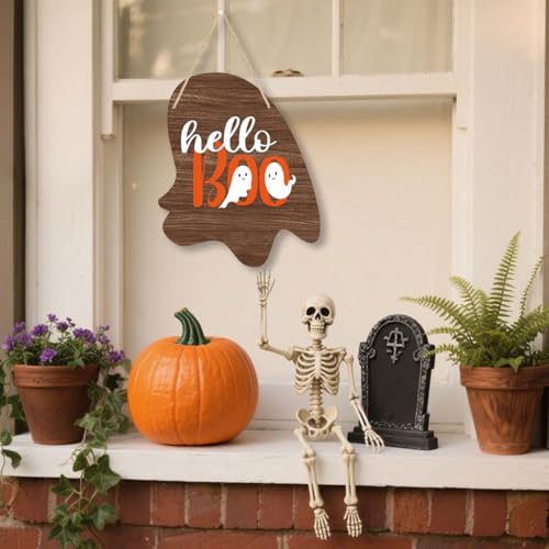 Halloween Wall Decor Ghost Sign - Irregular Wooden Ghost Hanging Sign with Jute Rope - Ghosting Variation
