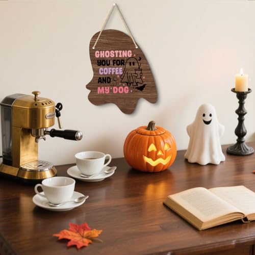 Halloween Wall Decor Ghost Sign - Irregular Wooden Ghost Hanging Sign with Jute Rope - Ghosting Variation