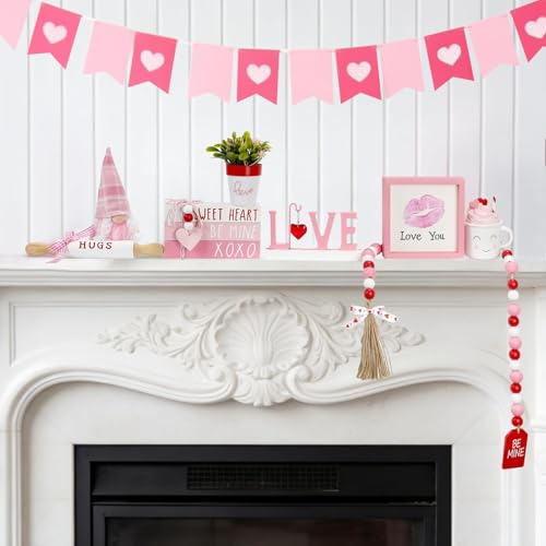 Pink Valentine's Day Tiered Tray Decor Set - 8 Pieces, Farmhouse Style, Includes Gnome & Heart Accents - Pink Valentine