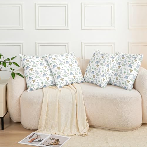 Kids Dinosaur Pillow Cover White 18x18 Inches Pack of 2 - Watercolor Jungle Animals
