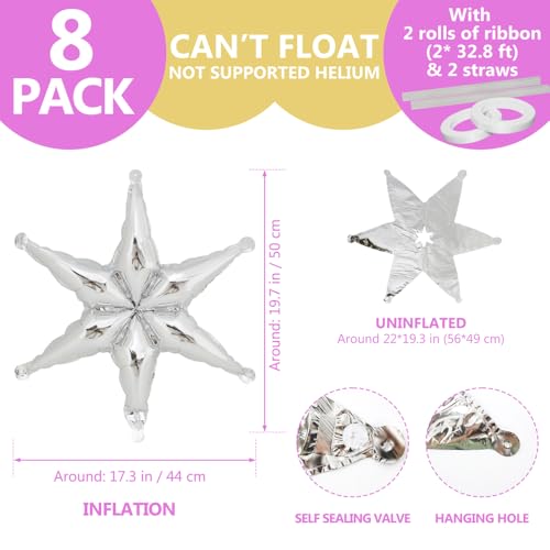 Silver Hexagon Star Foil Balloons - 8 Pack, Reusable Party Decorations