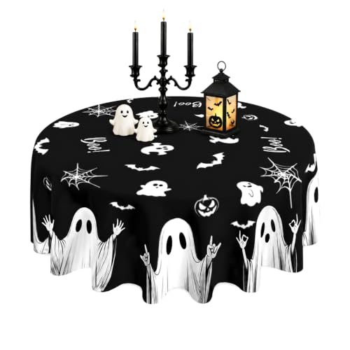 Black Spooky Ghost Halloween Round Tablecloth 60 Inch Washable Microfiber