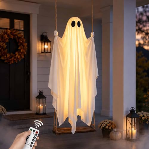 Large Outdoor Swinging Ghost Halloween Decoration - 4.5FT Hanging Ghost with Adjustable Ropes