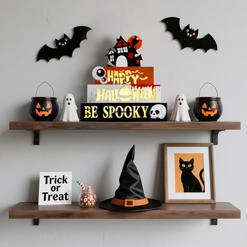 Halloween Indoor 9.4" 4-Tier Wooden Block Set with Glowing 3D Letters & Witch's House Topper — Spooky Decor