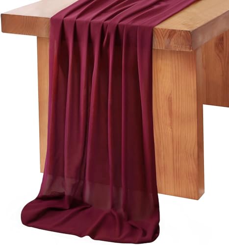 QueenDream Burgundy Chiffon Table Runner 27x120 Inch Long Sheer Wedding & Party Decor - 15 Pieces