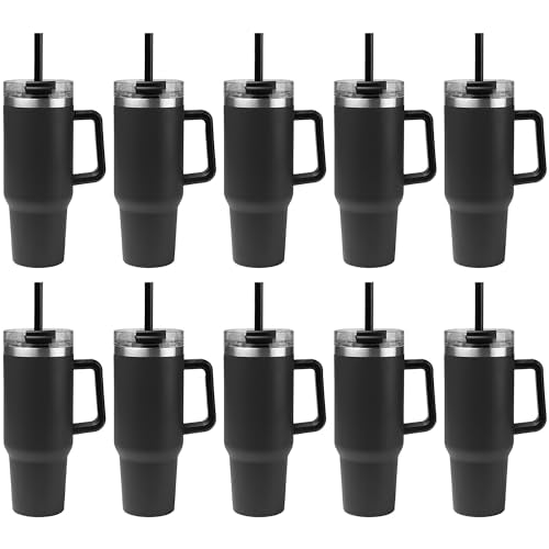Black 10 Pack 40 oz Stainless Steel Insulated Tumblers with Lid Straw Handle – Customizable Drinkware