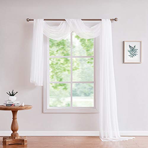 White Sheer Window Scarf - 55W x 900L Extra Long Voile Curtain, Pack of 1