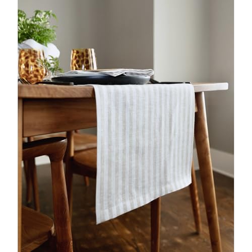 Natural & White Linen Table Runner - 14 x 132 Inch - Handcrafted European Flax