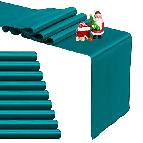12x108 Inch Peacock Blue Satin Table Runner - 10 Pack for Wedding & Party Decor