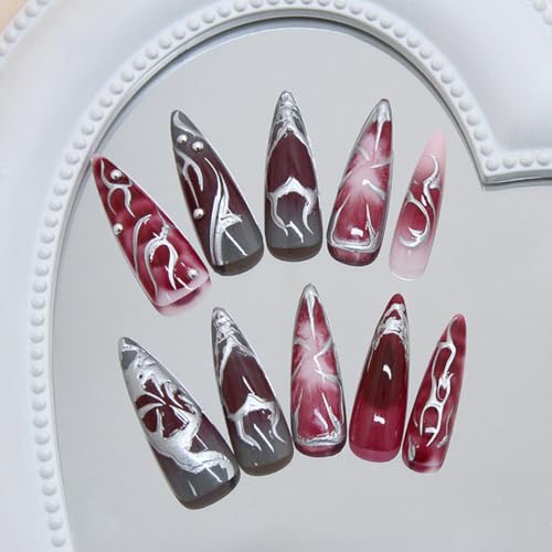 Punk Style Long Metallic Press On Nails - Irregular Lines Heart Tips Black Silver Red Gradient, 24Pcs with Glue for Women