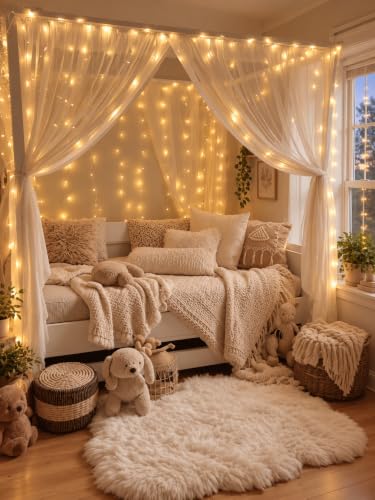 HEYFUNi Warm White Curtain Lights 13FT x 6.5FT Window Icicle Lights, Plug-in, 8 Modes