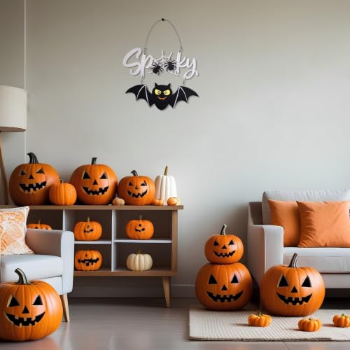 Halloween Door Sign Wooden Spooky Wall Decor - Black Bat & Spiderweb