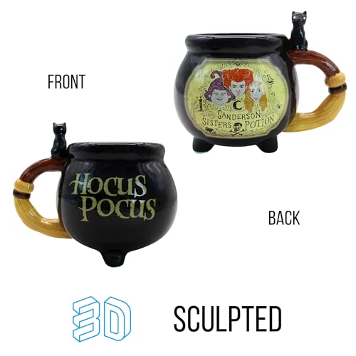Hocus Pocus Sisters Potion Label Mug - 20oz Ceramic 3D Sculpted Cauldron with Broom Handle - Collectible Gift