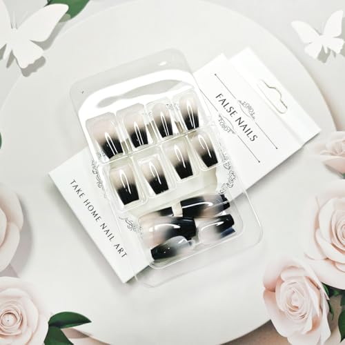 French Tip Press-On Nails Short Coffin Style Black White Gradient Fake Nails with Design - Colorful-13
