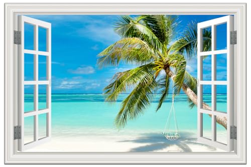Beach Palm Tree Wall Art Canvas - 36x24 Inch Seascape Print with Fake Window Frame - Tropical Beach Decor