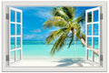 Beach Palm Tree Wall Art Canvas - 36x24 Inch Seascape Print with Fake Window Frame - Tropical Beach Decor
