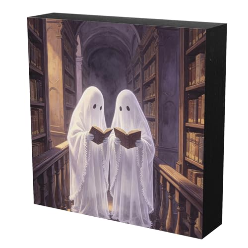 Ghost Library Wooden Sign - Halloween Book Decor for Home & Library - 5x5 Inch