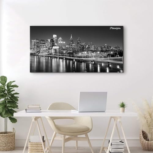 Philadelphia Skyline Wall Art Canvas - Black & White Cityscape, 48 x 24 Inches - Night View Cityscape Poster for Home & Office Decor
