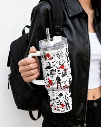 Horror Slasher 40 oz Insulated Tumbler with Handle - Spooky Gift, HorrorPattern