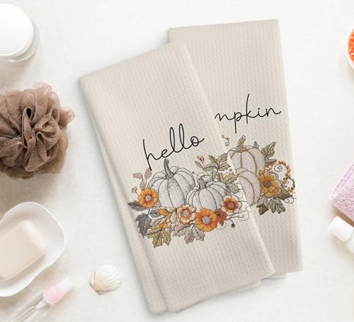 White Hello Pumpkin Fall Kitchen Towels and Dishcloths Set of 2 - Farmhouse Decor Gift