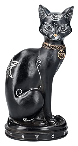 Gothic Zodiac Cat Figurine with Crescent Moon and Wiccan Charm - 12 Inches