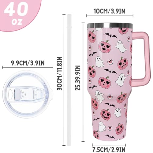 Halloween 40oz Ghost Tumbler with Handle & Straw - Pink & White Spooky Bat Leak-Proof Drinkware