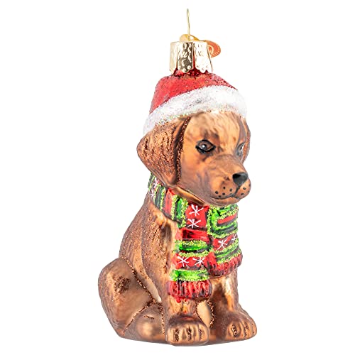 Holiday Chocolate Labrador Pup Glass Blown Ornament - Handcrafted Christmas Tree Decoration