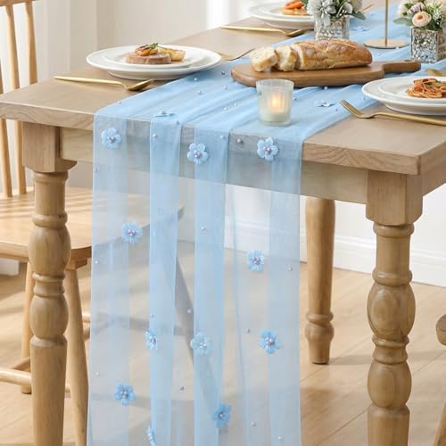 28x120 Inch Blue Flower Pearl Gauze Table Runner Set - 6 Pack for Holiday & Wedding Decor