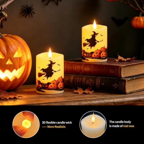 Halloween Flameless Candles Set of 2 - 3x4 Inch Ivory LED Pillars with Pumpkin & Witch Decals - Remote Timer