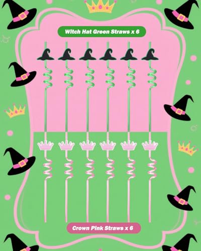 Pink and Green Reusable Witch Hat & Crown Drinking Straws - Party Favors Set of 12