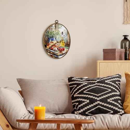 Farmhouse Oval Wall Art Canvas Prints - Bread Tomato Design, Rustic Kitchen Decor 8.5x11.5in